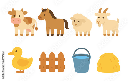 Grazing Animals Icons. Flat vector mini-illustrations grazing animals in colors children's illustrations: cow,
