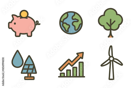 Climate Fund Icons. Flat vector mini-illustrations climate adaptation funds in colors children's illustrations