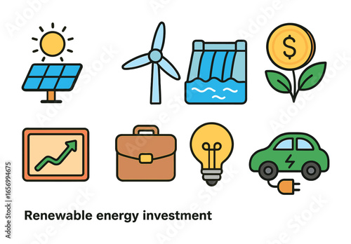 Renewable Energy Icons. Flat vector mini-illustrations renewable energy investment in colors children's