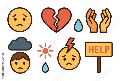 Children's Mental Health Icons. Flat vector mini-illustrations mental health in crisis in colors children's