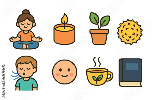 Children's Relaxation Icons. Flat vector mini-illustrations stress relief techniques in colors children's