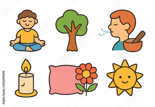 Mindfulness Icons for Kids. Flat vector mini-illustrations mindfulness practices in colors children's