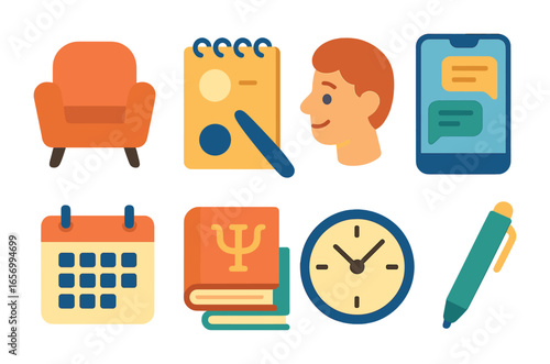 Therapy Icons Grid. Flat vector mini-illustrations therapy and counseling in colors children's illustrations: