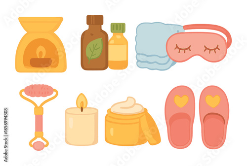 Children's Spa Icons. Flat vector mini-illustrations home spa setup in colors children's illustrations: aroma
