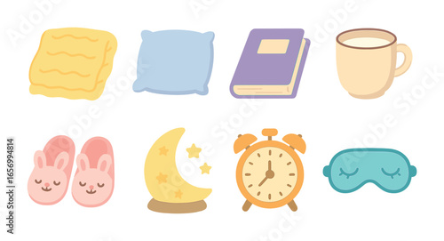 Children's Bedtime Icons. Flat vector mini-illustrations bedtime relaxation in colors children's illustrations