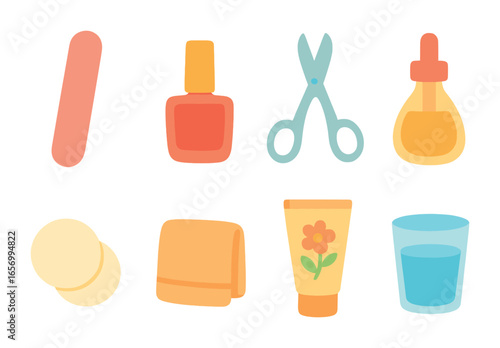 Children's Nail Care Icons. Flat vector mini-illustrations nail care routine in colors children's