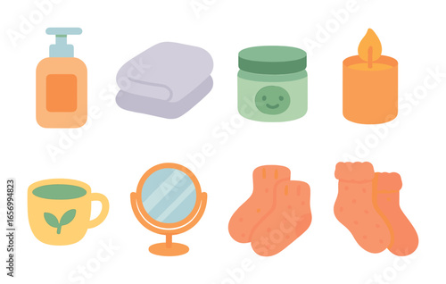 Skincare Relaxation Icons. Flat vector mini-illustrations evening skincare and relaxation in colors children's