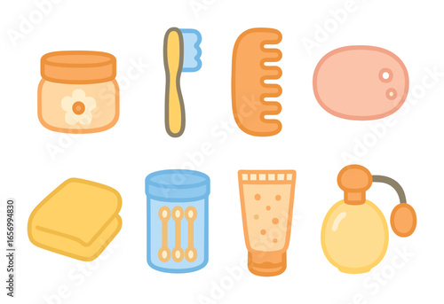 Kids' Bathroom Essentials. Flat vector mini-illustrations bathroom self-care essentials in colors children's