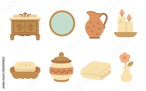 Vintage Bathroom Icons. Flat vector mini-illustrations vintage bathroom vanities in colors children's