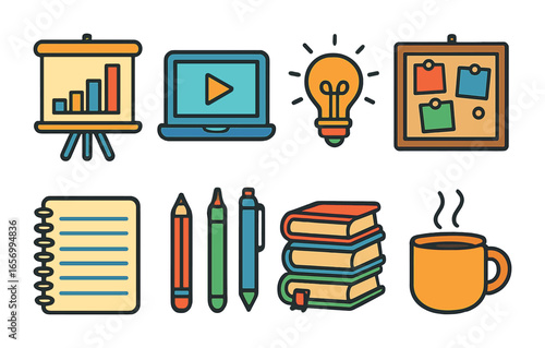 Creative Idea Icons. Flat vector mini-illustrations idea pitching in creative fields in colors children's