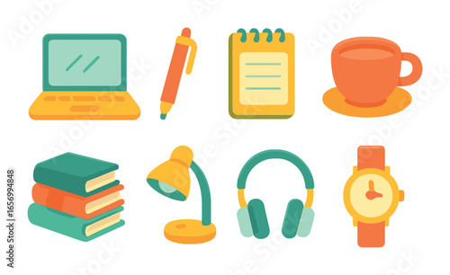 Writing Essentials Icons. Flat vector mini-illustrations freelance writing essentials in colors children's