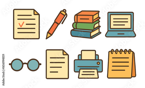 Children's Publishing Tools. Flat vector mini-illustrations publishing and editing in colors children's