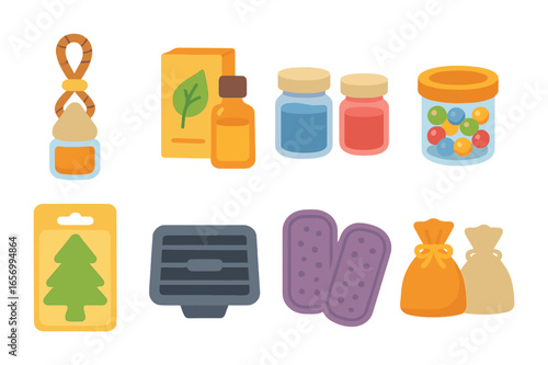 Car Interior Aroma Icons. Flat vector mini-illustrations car interior aroma organization in colors children's