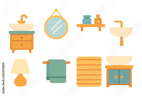 Bathroom Vanity Icons. Flat vector mini-illustrations placing a stylish vanity in the bathroom in colors