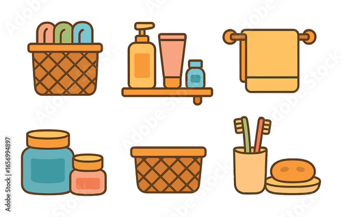 Kids' Bathroom Organizers. Flat vector mini-illustrations bathroom organization ideas in colors children's