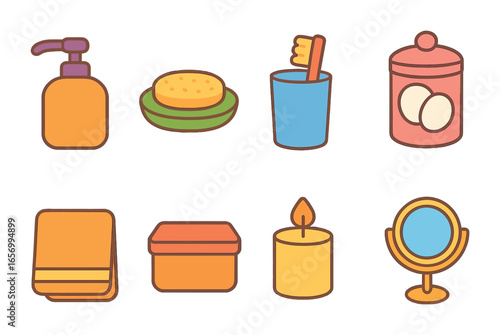 Colorful Bathroom Icons. Flat vector mini-illustrations bathroom accessories sets in colors children's