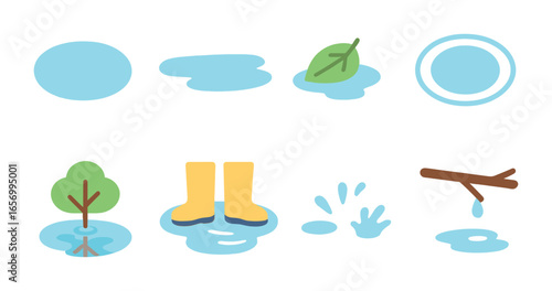 Puddles and Reflections. Flat vector mini-illustrations puddles and reflections in colors children's