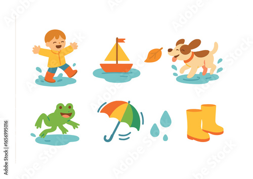 Puddle Playtime Adventures. Flat vector mini-illustrations puddle adventures in colors children's