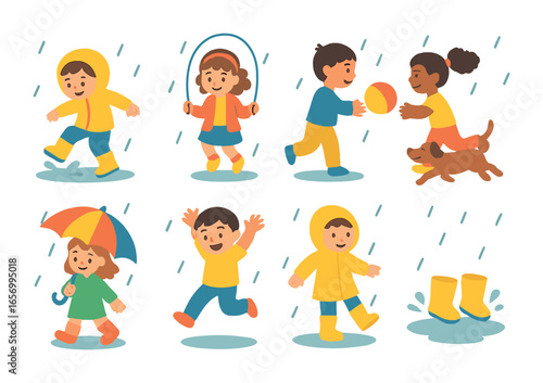 Children's Rainy Day Fun. Flat vector mini-illustrations outdoor rainy play in colors children's illustrations