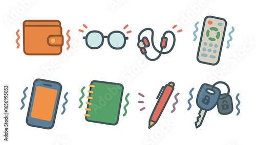 Lost Items Grid. Flat vector mini-illustrations losing things at home in colors children's illustrations: