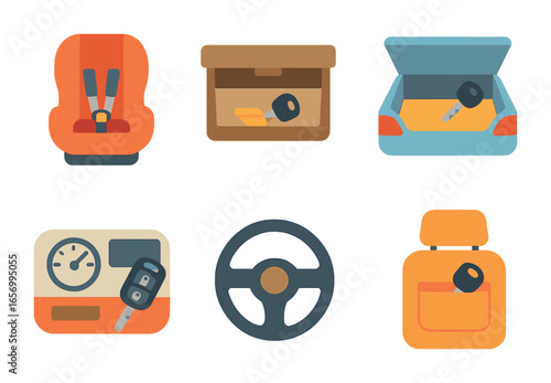 Car Key Search. Flat vector mini-illustrations car key searches in colors children's illustrations: car seat,