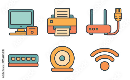 Colorful Office Network Icons. Flat vector mini-illustrations office network setup in colors children's