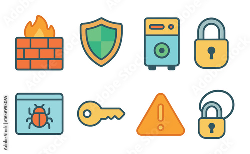 Kids' Cybersecurity Icons. Flat vector mini-illustrations network security tools in colors children's