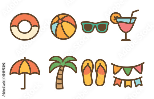 Summer Pool Party Icons. Flat vector mini-illustrations summer pool party themes in colors children's