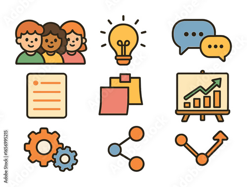 Creative Team Brainstorm. Flat vector mini-illustrations team brainstorming in colors children's illustrations