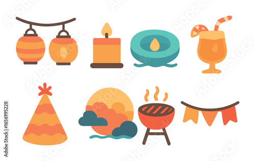 Evening Pool Party Icons. Flat vector mini-illustrations evening pool party in colors children's illustrations