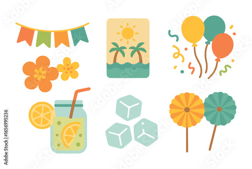 Summer Party Icons. Flat vector mini-illustrations summer party invites and decor in colors children's