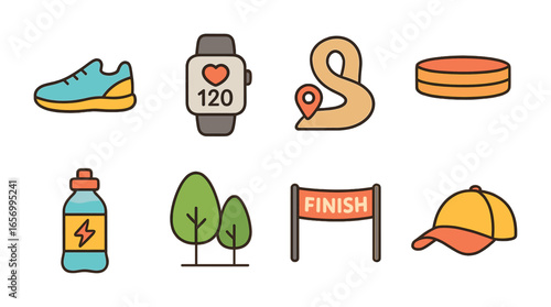 Kids' Running Gear Icons. Flat vector mini-illustrations outdoor running in colors children's illustrations: