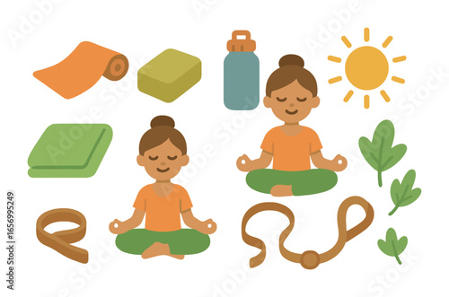 Kids' Yoga Essentials. Flat vector mini-illustrations outdoor yoga in colors children's illustrations: yoga