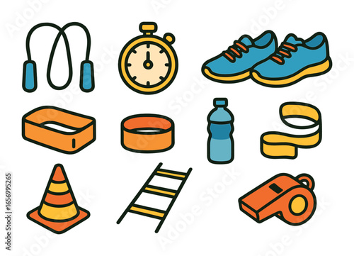 Kids' Fitness Essentials. Flat vector mini-illustrations outdoor cardio training in colors children's