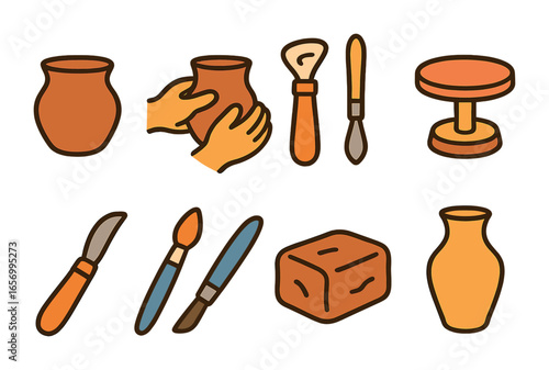Clay Art Tools. Flat vector mini-illustrations clay modeling in colors children's illustrations: clay pot,