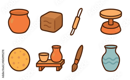 Ceramic Craft Icons. Flat vector mini-illustrations ceramic art in colors children's illustrations: ceramic
