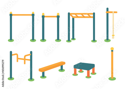 Colorful Outdoor Gym Icons. Flat vector mini-illustrations outdoor gym equipment in colors children's