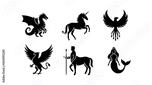 Collection of silhouettes of mythical creatures against a bright background, including a dragon, a unicorn, a phoenix, a griffin, a centaur, and a mermaid.