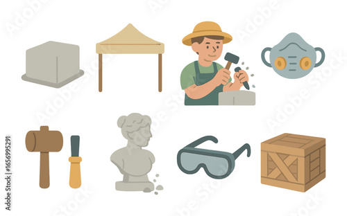 Children's Sculpting Icons. Flat vector mini-illustrations outdoor sculpting in colors children's