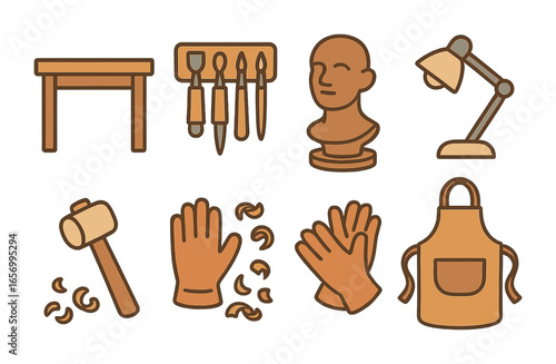 Sculpting Workshop Icons. Flat vector mini-illustrations sculpting workshop in colors children's illustrations