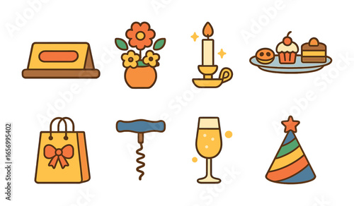 Festive Dining Icons. Flat vector mini-illustrations special occasion dining in colors children's