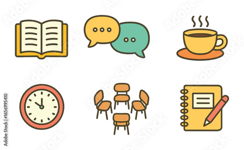 Childhood Storytime Icons. Flat vector mini-illustrations sharing personal stories in colors children's