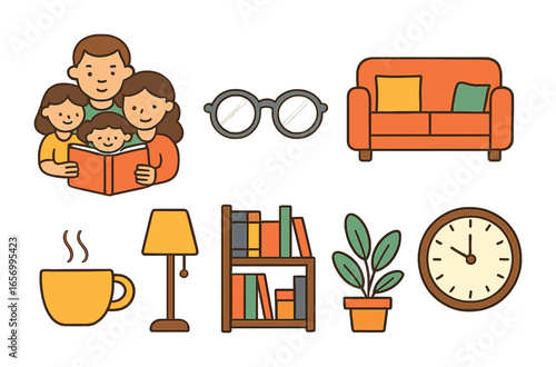 Family Reading Moments. Flat vector mini-illustrations family bonding moments in colors children's