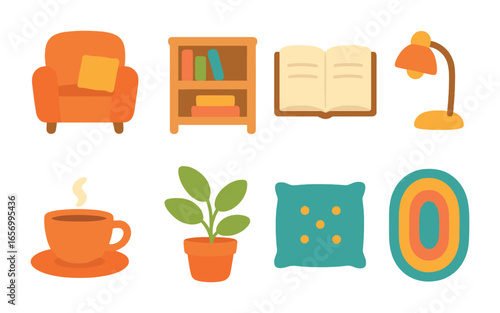Cozy Reading Nook. Flat vector mini-illustrations home reading nook in colors children's illustrations: