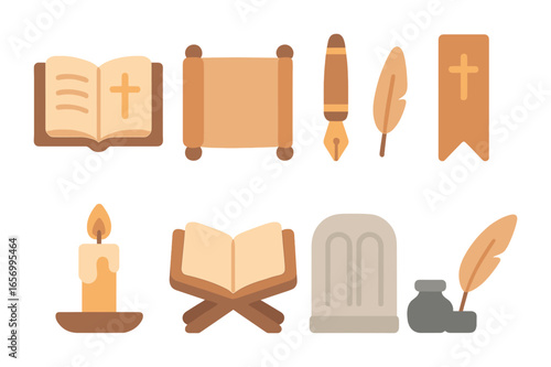 Sacred Text Icons. Flat vector mini-illustrations sacred texts in colors children's illustrations: open