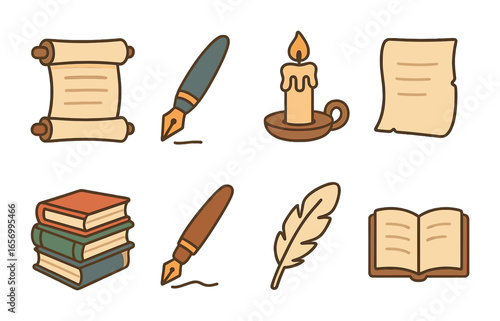 Classic Poetry Icons. Flat vector mini-illustrations classic poetry in colors children's illustrations: