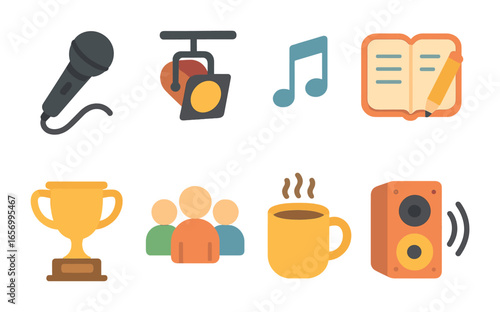 Poetry Slam Icons. Flat vector mini-illustrations poetry slam in colors children's illustrations: microphone,