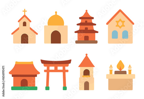 Colorful Sacred Icons. Flat vector mini-illustrations temples and holy places in colors children's