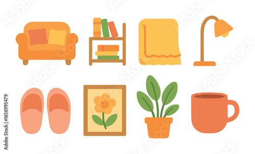 Cozy Home Icons. Flat vector mini-illustrations family home comfort in colors children's illustrations: couch