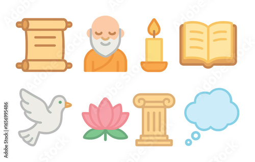 Divine Teachings Symbols. Flat vector mini-illustrations divine teachings in colors children's illustrations: